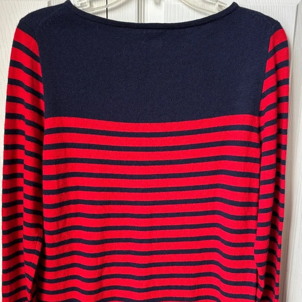 J. Crew Breton-Striped Women's Navy Red Gem Rhinestone sweater wool top Med EUC